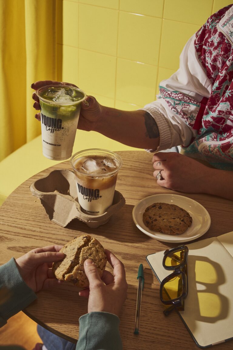 YOUNG Coffee iced drinks on a café table
