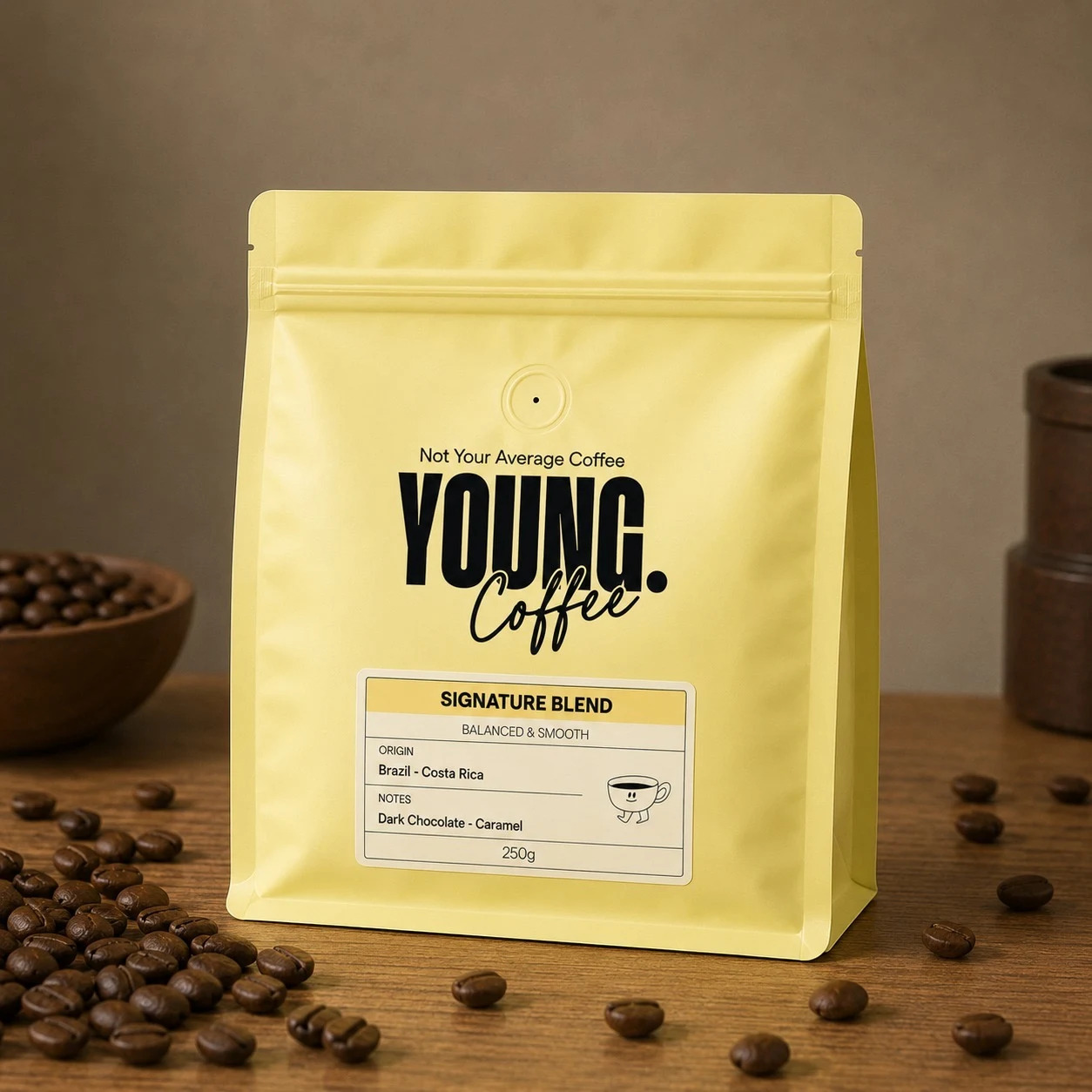 Young Coffee Signature Blend 250g coffee bag - balanced and smooth blend with dark chocolate and caramel notes